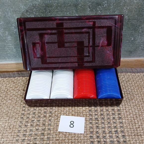 Vtg Poker Chip Set / Roulette Chips w/Maroon Storage Box w/Art Deco Lid [Set #8] - Picture 2 of 11